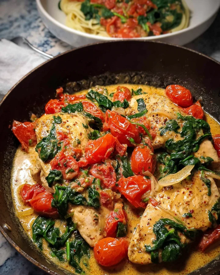 Würzige Hähnchenpfanne mit Kokos, Tomaten & Spinat