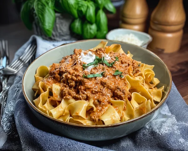 Cremige Bandnudeln mit Hackfleischsauce Omas Rezept
