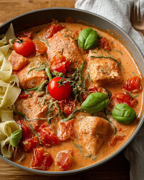 Cremiger Ofenlachs in Tomaten-Sahnesoße
