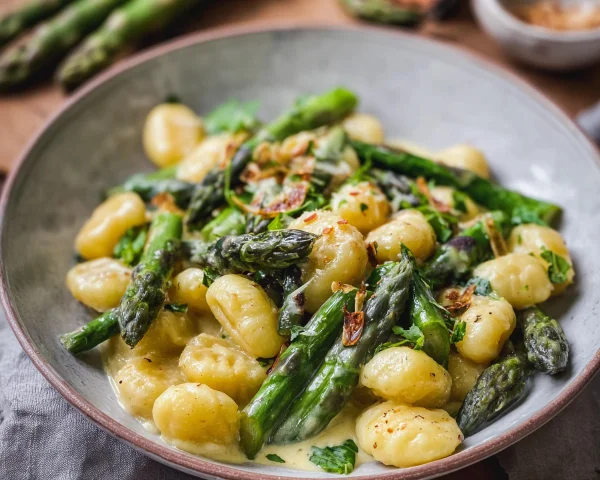 Gnocchi mit grünem Spargel in cremiger Sauce