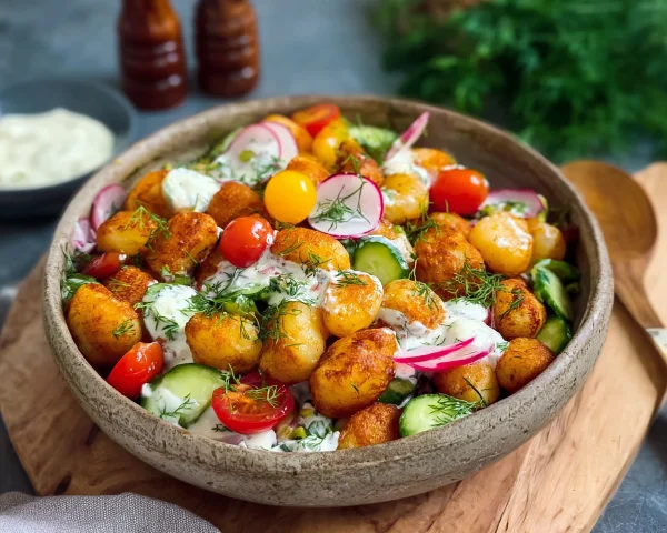 Knuspriger Gnocchi Salat mit frischem Joghurt-Dressing