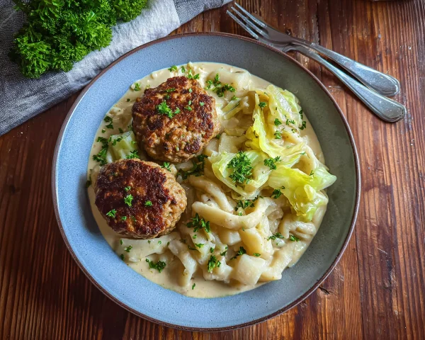 Kohlrabigemüse mit Frikadellen & hausgemachten Spätzle