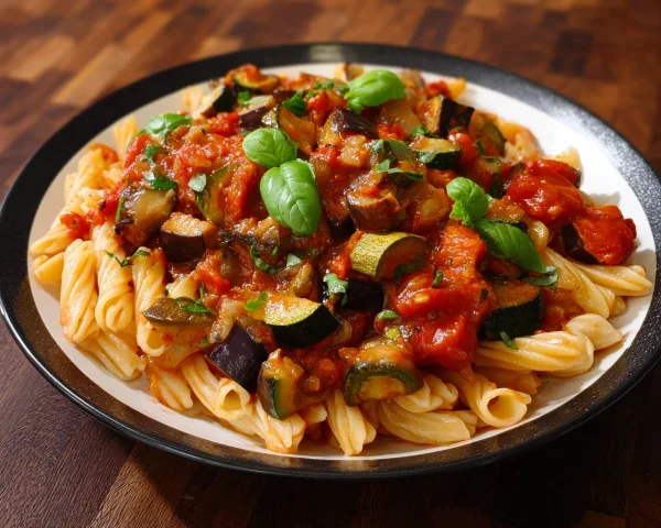 Mediterrane Pasta mit Auberginen, Zucchini & Tomaten