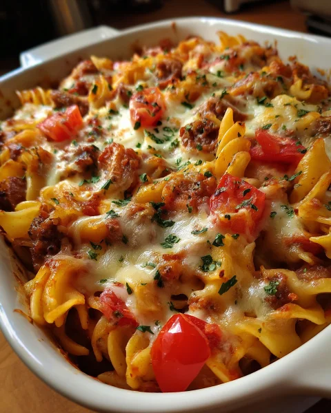 Nudel-Würstchen-Auflauf mit Tomaten & goldener Käsekruste