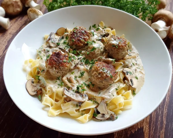 Nudeln mit Pilz-Hackbällchen & cremiger Pilzrahmsauce