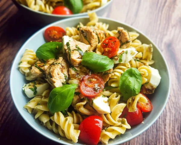 Nudelsalat Caprese mit Hähnchenbrustwürfeln Familienrezept
