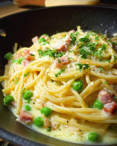 One Pot Spaghetti mit Putenschinken, Sahne-Soße & Erbsen