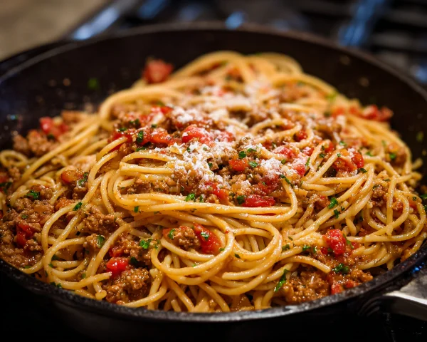 Schnelle cremige Spaghetti mit Hackfleisch & Parmesan