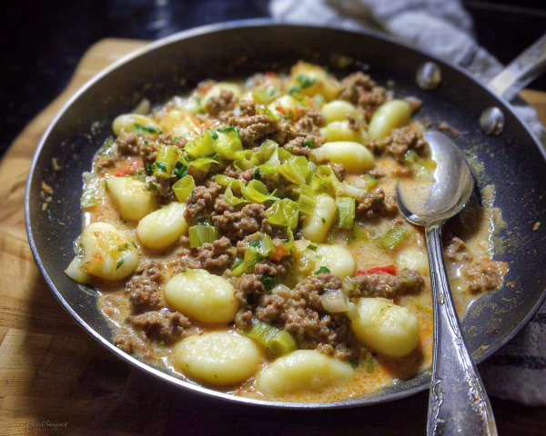 Schnelle Gnocchi Hackfleisch Pfanne mit Lauch