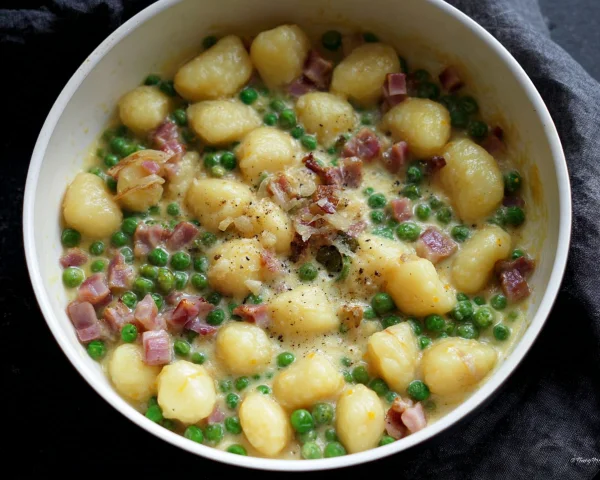 Schnelle One Pot Gnocchi mit Erbsen & Truthahnschinken
