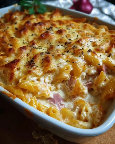 Schnelles Nudel-Truthahnschinken-Gratin ohne Vorkochen