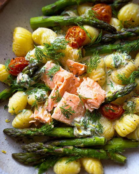 Schnelles Ofengericht: Grüner Spargel mit Lachs & Gnocchi