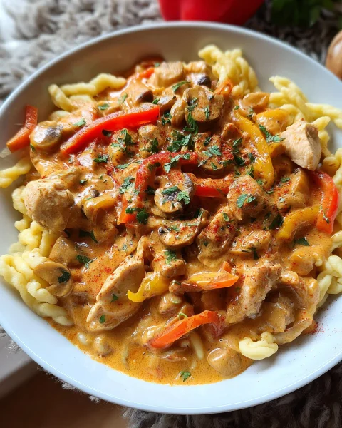 Spätzle mit Paprika Sahne Hähnchen: Cremig & Schnell