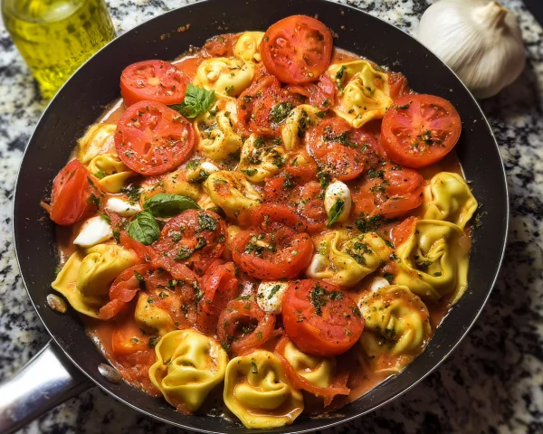 Tomate Mozzarella Tortellini mit frischem Basilikum