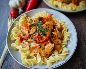 Paprika Hähnchen Bandnudeln